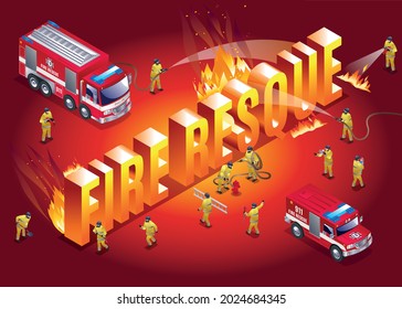 Firefighters, fire trucks and isometric word Fire Resque isometric icons on isolated background