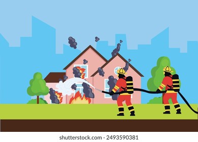 Bomberos con concepto de equipo de extinción de incendios. Ilustración vectorial plana de color aislada.