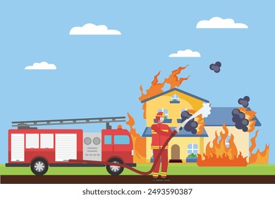 Bomberos con concepto de equipo de extinción de incendios. Ilustración vectorial plana de color aislada.