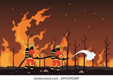 Firefighters with firefighting equipment concept. Colored flat vector illustration isolated.