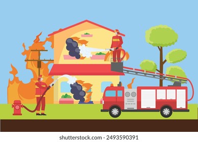 Bomberos con concepto de equipo de extinción de incendios. Ilustración vectorial plana de color aislada.