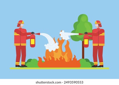 Bomberos con concepto de equipo de extinción de incendios. Ilustración vectorial plana de color aislada.