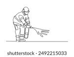 Firefighters with firefighting equipment concept. Single line draw design vector graphic illustration.