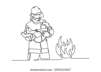 Bomberos con concepto de equipo de extinción de incendios. Ilustración gráfica de Vector de diseño de línea única.