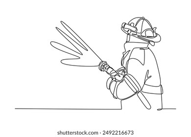 Firefighters with firefighting equipment concept. Single line draw design vector graphic illustration.