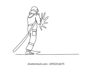 Firefighters with firefighting equipment concept. Single line draw design vector graphic illustration.