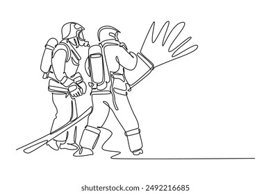 Firefighters with firefighting equipment concept. Single line draw design vector graphic illustration.