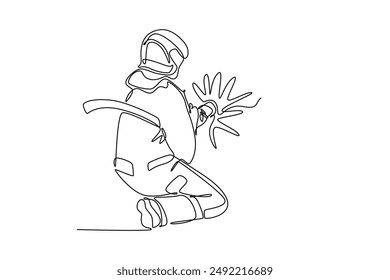 Firefighters with firefighting equipment concept. Single line draw design vector graphic illustration.