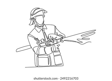 Firefighters with firefighting equipment concept. Single line draw design vector graphic illustration.