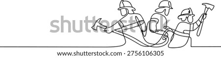 Firefighters with firefighting equipment concept. Single line draw design. one line art icon drawing vector
