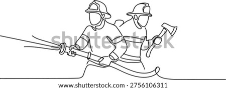 Firefighters with firefighting equipment concept. Single line draw design. one line art icon drawing vector
