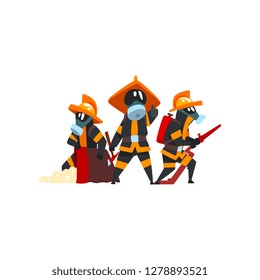 Firefighters with firefighting equipment, firemen characters in uniform at work vector Illustration on a white background