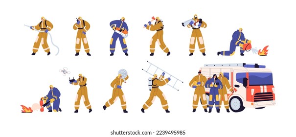 Firefighters with firefighting equipment at work. Fire fighters with ladder, hose, truck, hydrant. Firemen in uniform in emergency set. Flat graphic vector illustrations isolated on white background