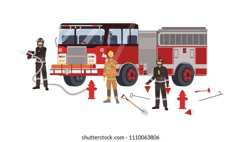 Firefighters or firemen wearing protective clothes or uniform, fire engine and firefighting equipment - fire hydrant with hose pipe, shovel, pike pole, axe, buckets. Flat cartoon vector illustration