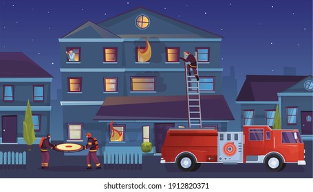 Firefighters flat composition with outdoor urban landscape and burning house with firefighting truck ladders and target vector illustration