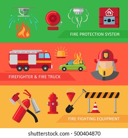 Firefighters flat horizontal banners for webpage infographics. Vector smoke and fire alarm, fire truck and fire safety equipment