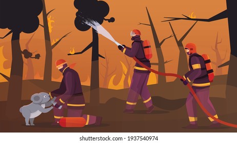 Firefighters Forest Flat Composition With Outdoor Scenery Of Burning Forest Trees With Crew Of Fire Fighters Vector Illustration