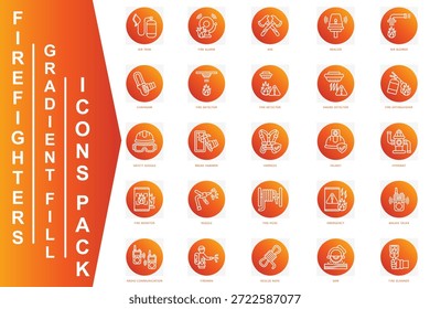 Ícones de preenchimento de gradiente para bombeiros definidos. contém alarme de incêndio, beacon, óculos de segurança, cabos, capacete, monitor de incêndio, mangueira e muito mais. Vetor para conceito moderno, impressão, UI, kit UX, web e desenvolvimento de aplicativos.