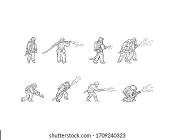 Firefighters is hand drawn people in different positions, outline illustration. Fireman fighting fire and saving others lives pen drawing sketch image. Man holding hose and splashing water.