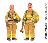Firefighters. Happy man and a woman, fire service workers, wearing protective uniforms. Firewoman and fireman. Vector illustration in cartoon style