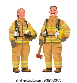 Firefighters. Happy man and a woman, fire service workers, wearing protective uniforms. Firewoman and fireman. Vector illustration in cartoon style