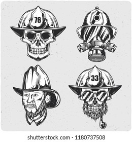 Firefighter's heads set. Black and white illustration. Isolated on light backgrond with grunge noise and frame.