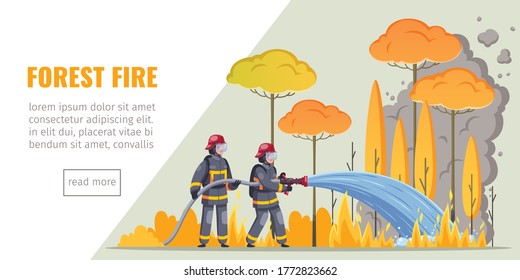 Firefighters horizontal banner with cartoon images of firemen suppressing forest fire text and read more button vector illustration