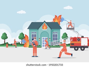 Bomberos con motores de incendios domésticos, ayudando a personas y animales, usando equipos de rescate en diversas situaciones. Ilustración vectorial