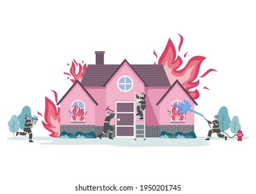 Firefighters With House Fire Engines, Helping People and Animal, Using Rescue Equipment in Various Situations. Vector Illustration