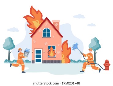 Firefighters With House Fire Engines, Helping People and Animal, Using Rescue Equipment in Various Situations. Vector Illustration