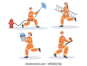 Firefighters With House Fire Engines, Helping People and Animal, Using Rescue Equipment in Various Situations. Vector Illustration