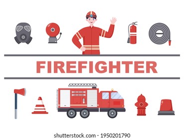 Firefighters With House Fire Engines, Helping People and Animal, Using Rescue Equipment in Various Situations. Vector Illustration