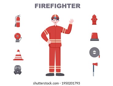 Firefighters With House Fire Engines, Helping People and Animal, Using Rescue Equipment in Various Situations. Vector Illustration