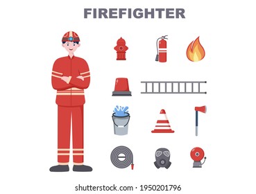 Firefighters With House Fire Engines, Helping People and Animal, Using Rescue Equipment in Various Situations. Vector Illustration