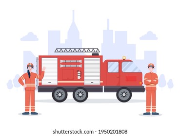 Firefighters With House Fire Engines, Helping People and Animal, Using Rescue Equipment in Various Situations. Vector Illustration