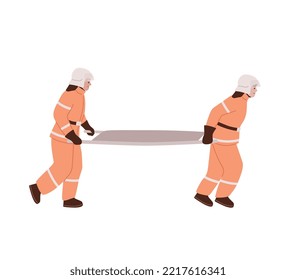 Firefighters hurrying with a stretcher. Saving lives.  Firemen wearing uniform isolated. Flat vector illustration.