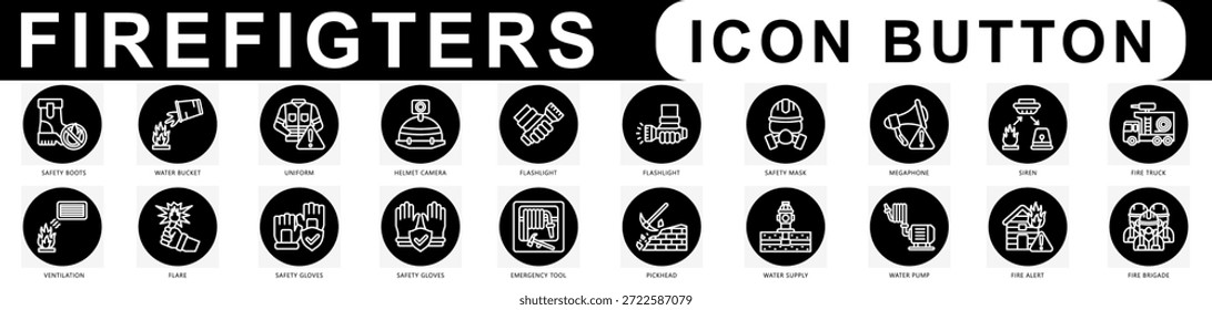 Symbol für Feuerwehrleute Symbol-Symbole gesetzt. enthalten Feuerwehrauto, Sicherheitsstiefel, Uniform, Sicherheitsmaske, Wasserversorgung, Feueralarm und mehr. Vektor für modernes Konzept, Print, UI, UX Kit, Web und App-Entwicklung.
