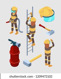 Firefighters isometric. Proffesional equipment of fire station hose boots extinguisher car vector 3d illustrations isolated. Fireman and hydrant, extinguisher isometric