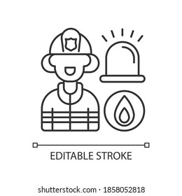 Firefighters linear icon. First responders. Fire-related call. Fire department. Hostile events. Thin line customizable illustration. Contour symbol. Vector isolated outline drawing. Editable stroke