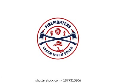 Firefighters logo icon, axe hose helmet fire hydrant icon, fireman symbol, emblem style minimalist design.