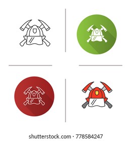 Firefighters maltese cross icon. Flat design, linear and color styles. Protection helmet and crossed axes. Fire department emblem. Isolated vector illustrations