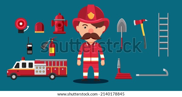 Firefighters man with mustaches in uniform\
with work gear, Fire Truck, shovel, ladder, axe, water pipe, fire\
extinguisher, walkie-talkie in cartoon style for graphic designer,\
vector\
illustration