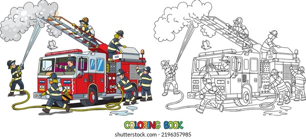 Firefighters near a fire truck. Coloring book