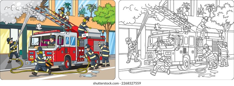 Bomberos cerca de un camión de bomberos. Libro de coloración