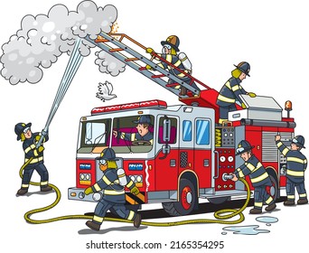 Firefighters near a fire truck extinguish the fire