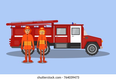 Firefighters next to the fire engine. Vector illustration.