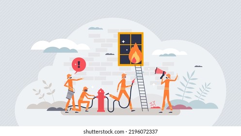 Firefighters occupation and emergency burning situation tiny person concept. Fire rescue and flames extinguisher work with professional man teamwork vector illustration. Water hydrant and nozzle