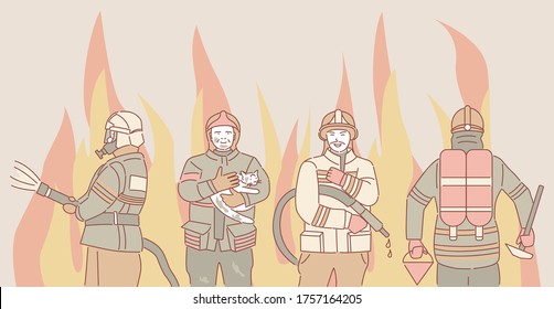 Firefighters on the background of flames vector cartoon outline illustration. Brave firemen extinguish fire with fire hose and rescue equipment and holding saved cat. Firefighting emergency concept.