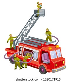 bomberos en un camión de bomberos rescatando a un niño, ilustración de dibujos animados, objeto aislado en fondo blanco, vector, eps