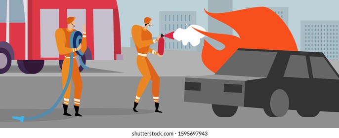 Firefighters are on the mission extinguish the blaze, with a help of fire engine save burning skyscrapers in the city streets. Firefighters service work concept.